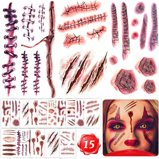 15 Sheets Halloween Scar Tattoos Stickers with Fake Scab Blood,Zombie Tattoo,Halloween Scar Makeup,Halloween Face Stickers, Halloween Costume for Women Makeup Props